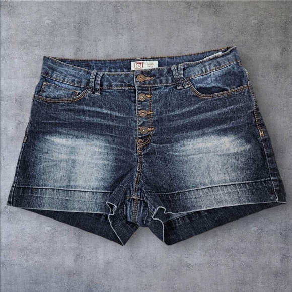 Lei Faded Dark Wash Button Fly High Rise Stretch Denim Jean Shorts Size 13 Junio - Picture 3 of 12